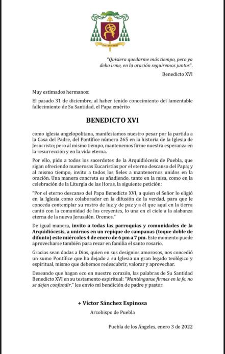 Habrá repique de campanas en memoria del papa emérito Benedicto XVI en Puebla
