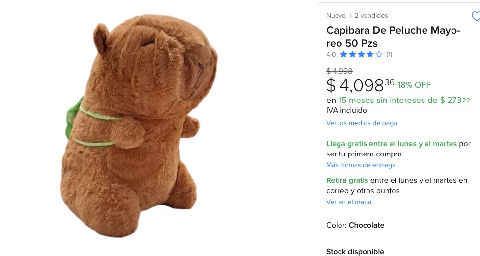 Peluches de capibara al mayoreo | Foto: Mercado Libre