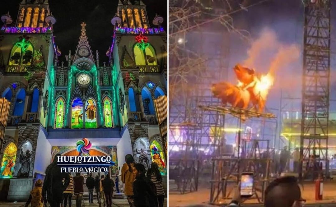 Los festejos patronales en Huejotzingo causaron polémica por esta extraña escena de pirotecnia | Foto: Especial