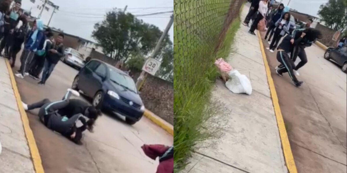 VIDEO capta violenta pelea entre alumnas del Cecyte en Chignahuapan en plena calle