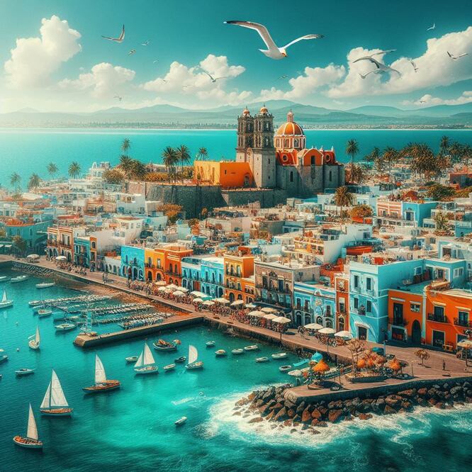 La IA interpretó cómo sería la ciudad de Puebla con playas | Foto: Bing para El Universal Puebla