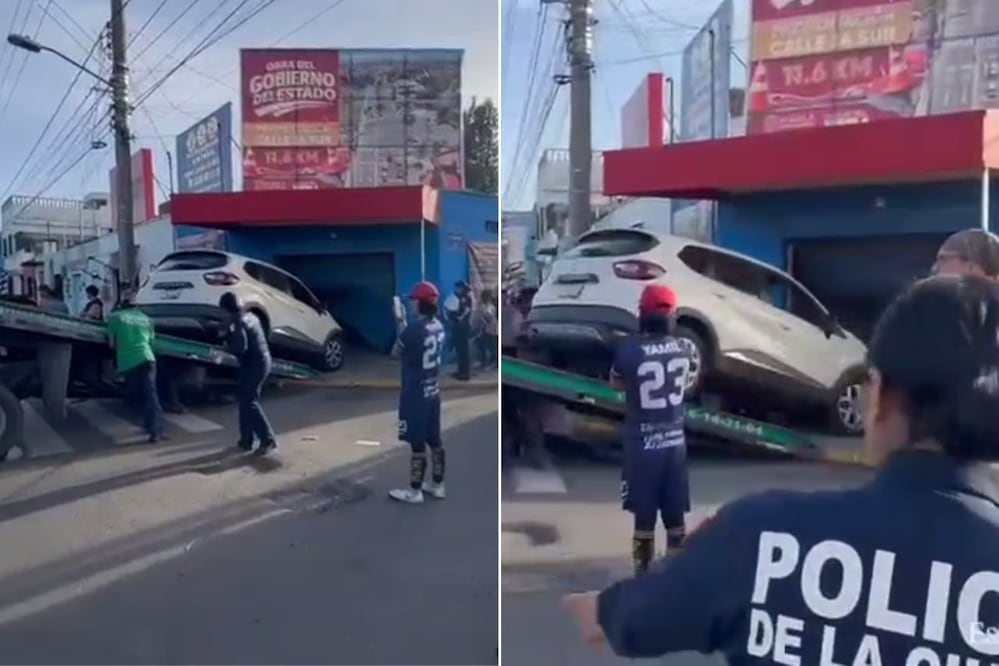 Un automóvil terminó incrustado en un local ubicado en la esquina de la 24 Sur y 17 Oriente | Foto: Captura de video EsImagen