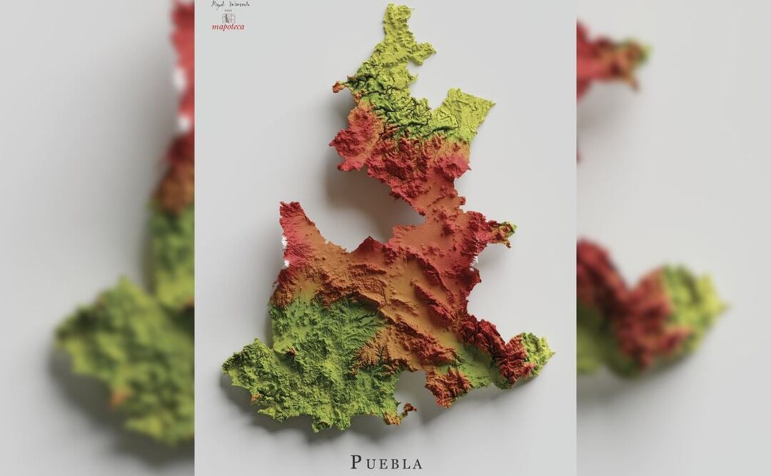 En este mapa de Puebla se pueden ver sus volcanes, ríos y áreas de vegetación | Foto: Twitter mapoteca_mx