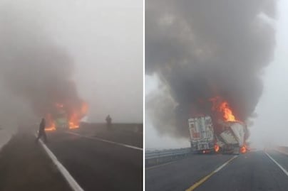 Terrible choque e incendio de tráileres en la autopista Puebla-Orizaba: hay cierre total