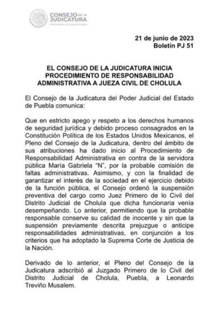 Por faltas administrativas suspenden a María Gabriela, jueza civil de Cholula