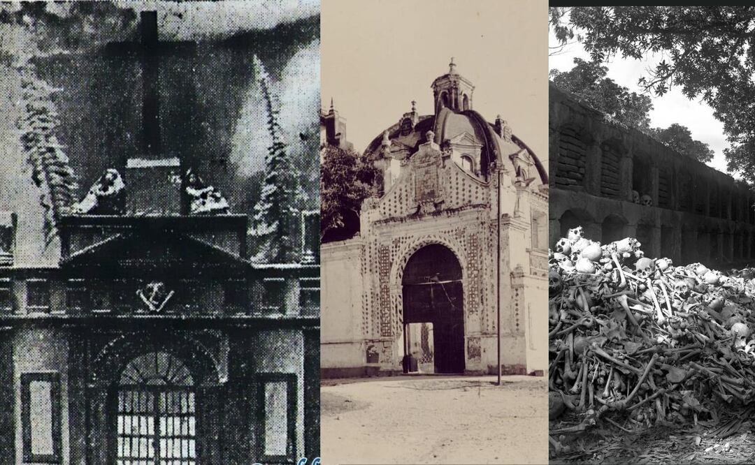 Entrada al panteón que se ubicó junto al Templo del Carmen, las estatuas superiores se les llamaban "las lloronas” o “comadres”