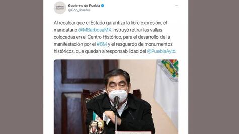 Ordena Barbosa retiro de vallas para evitar confrontaciones durante marcha conmemorativa del Día Internacional de la Mujer