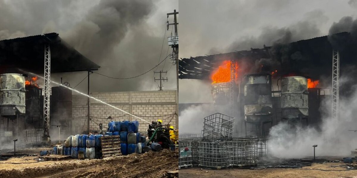Incendio en una fábrica de aceite automotriz, en Ahuazotepec, causó una amplia movilización de los cuerpos de auxilio / Foto: Redes Sociales