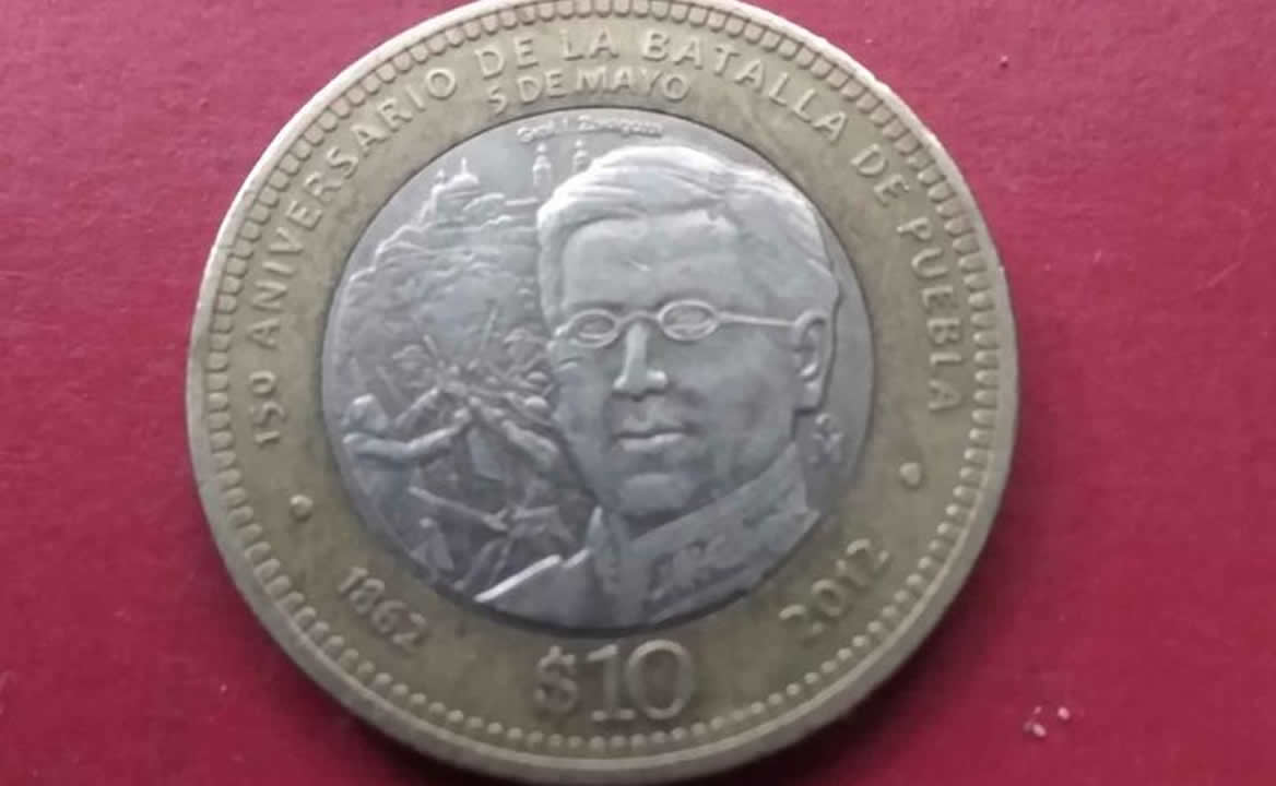 Moneda de 10 pesos del 150 Aniversario de la Batalla de Puebla. Foto: Especial EL UNIVERSAL PUEBLA