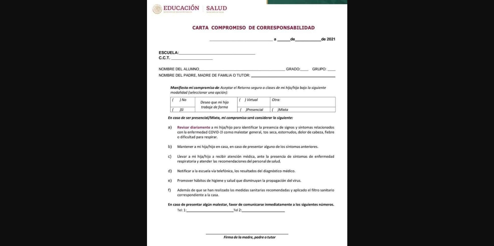 Carta Compromiso de Corresponsabilidad. Estas son las obligaciones que