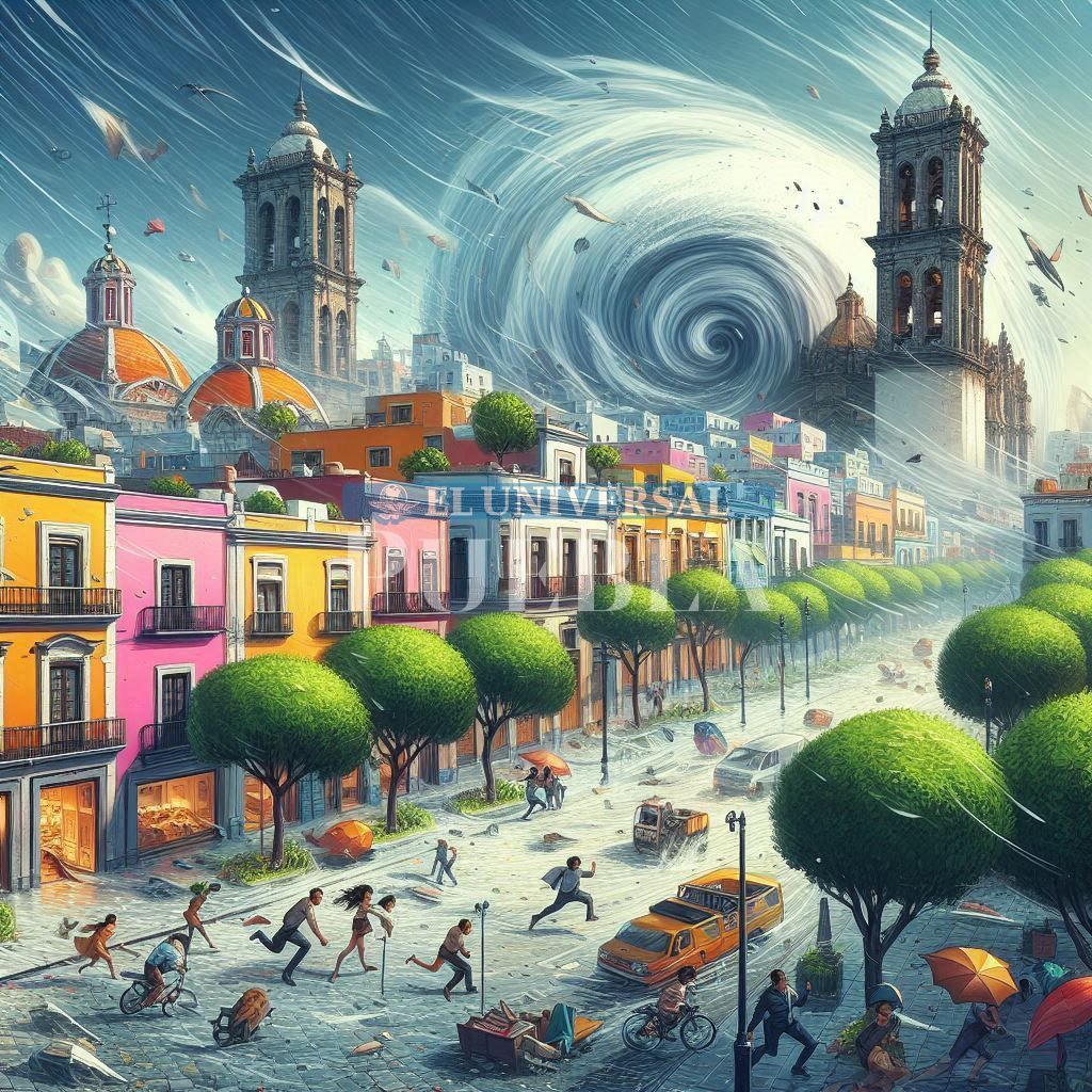 La IA hace esta interpretación del ojo de un huracán en Puebla | Foto: Bing para El Universal Puebla