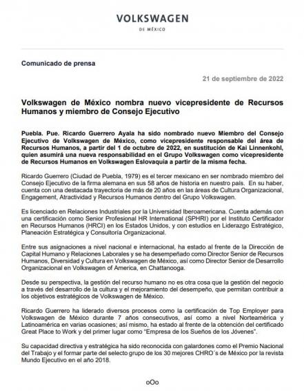 Volkswagen de México nombra a Ricardo Guerrero como vicepresidente de RH