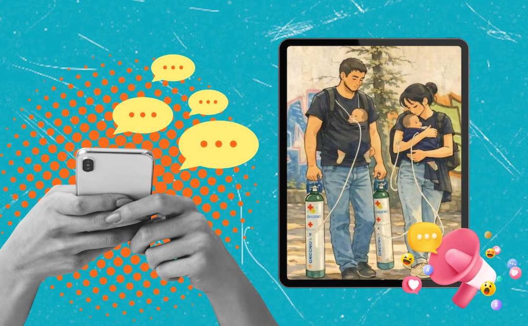 Millones de usuarios en redes sociales ayudaron a buscar a los papás que cargan con sus bebés y sus tanques de oxígeno | Foto: @carol en X / Canva
