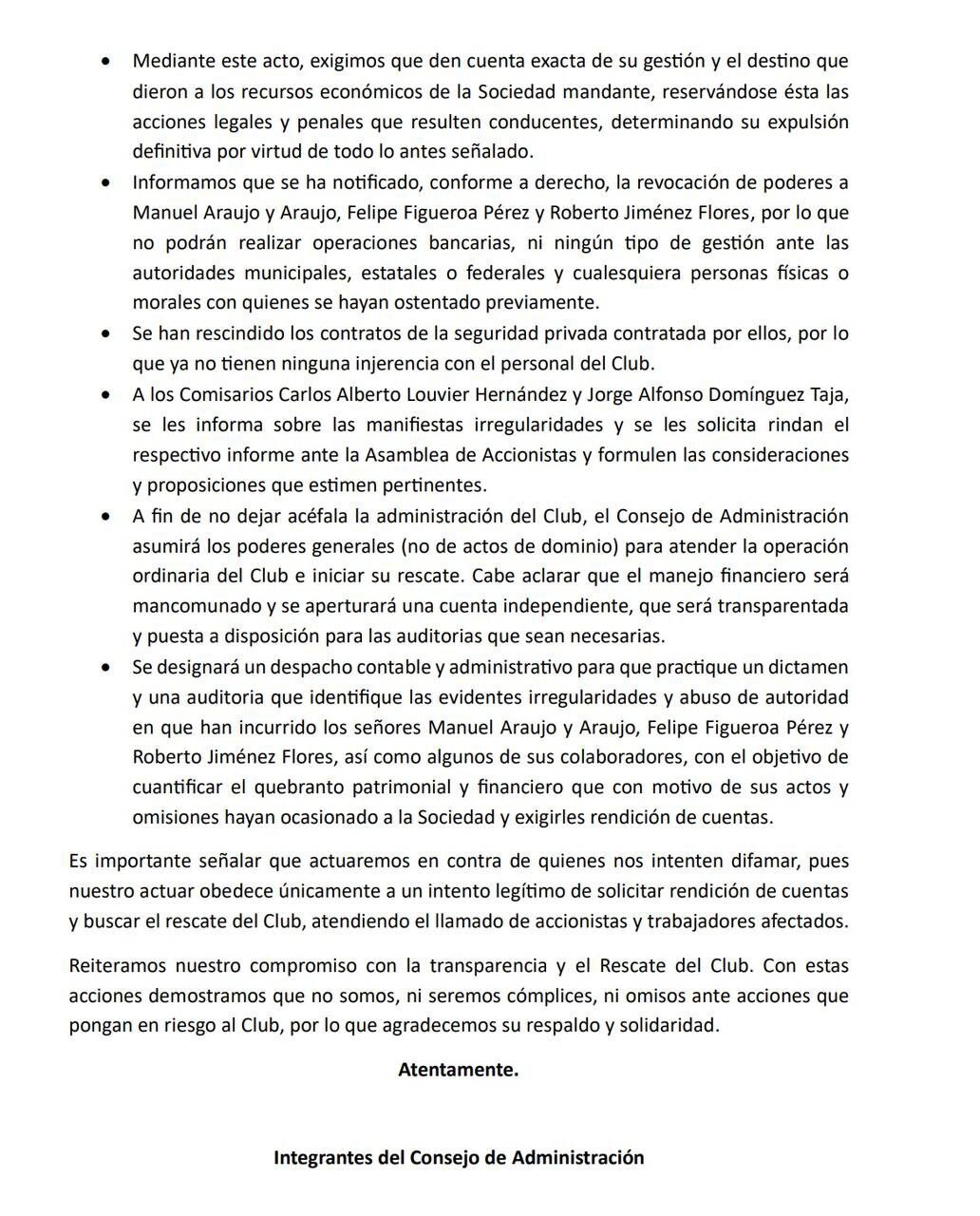 Mensaje  los accionistas del Club Britania Zavaleta, suscrito por los integrantes del Consejo de  Adminitración (segunda parte)