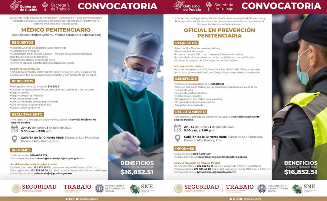 Convocatorias para Médico Penitenciario y Oficial de Prevención Penitenciaria. Foto: Servicio Nacional de Empleo Puebla