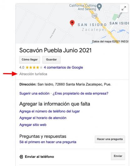 Socavón de Puebla, una atracción turística en Google maps