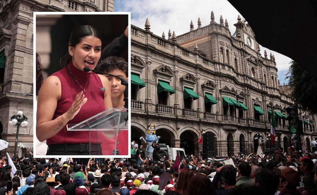 Gabriela “La Bonita” Sánchez encabezó una marcha al Zócalo de Puebla | Foto: EsImagen