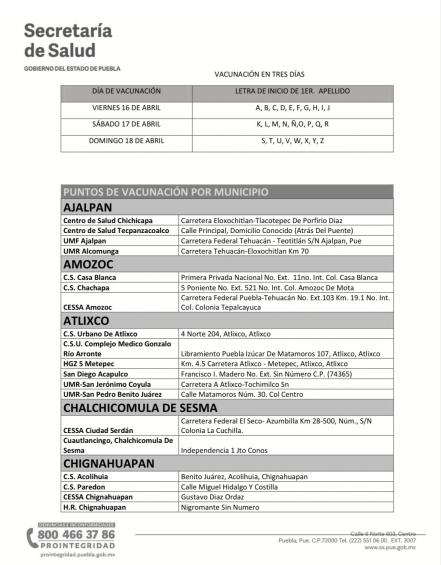 ¡Atención Puebla! Todo listo para vacunación masiva en los municipios