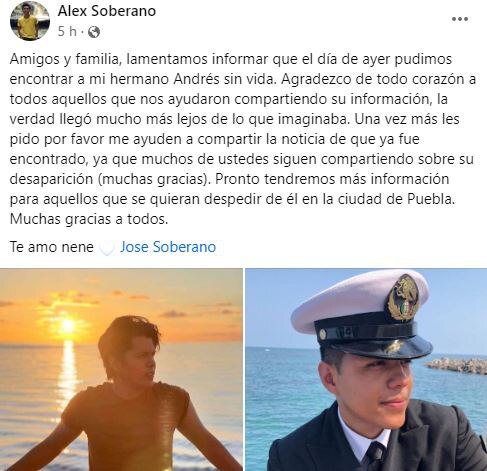 Andrés Soberano trabajaba en un yate recreativo, la embarcación se hundió | Facebook Alex Soberano
