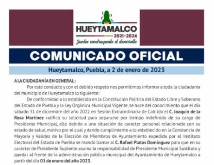 Alcalde de Hueytamalco se separa del cargo por complicaciones de salud 
