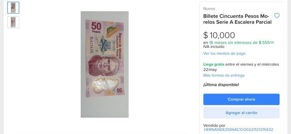 Este billete de ajolote se cotiza hasta en 1.5 millones por su peculiar serie / Foto Mercado Libre