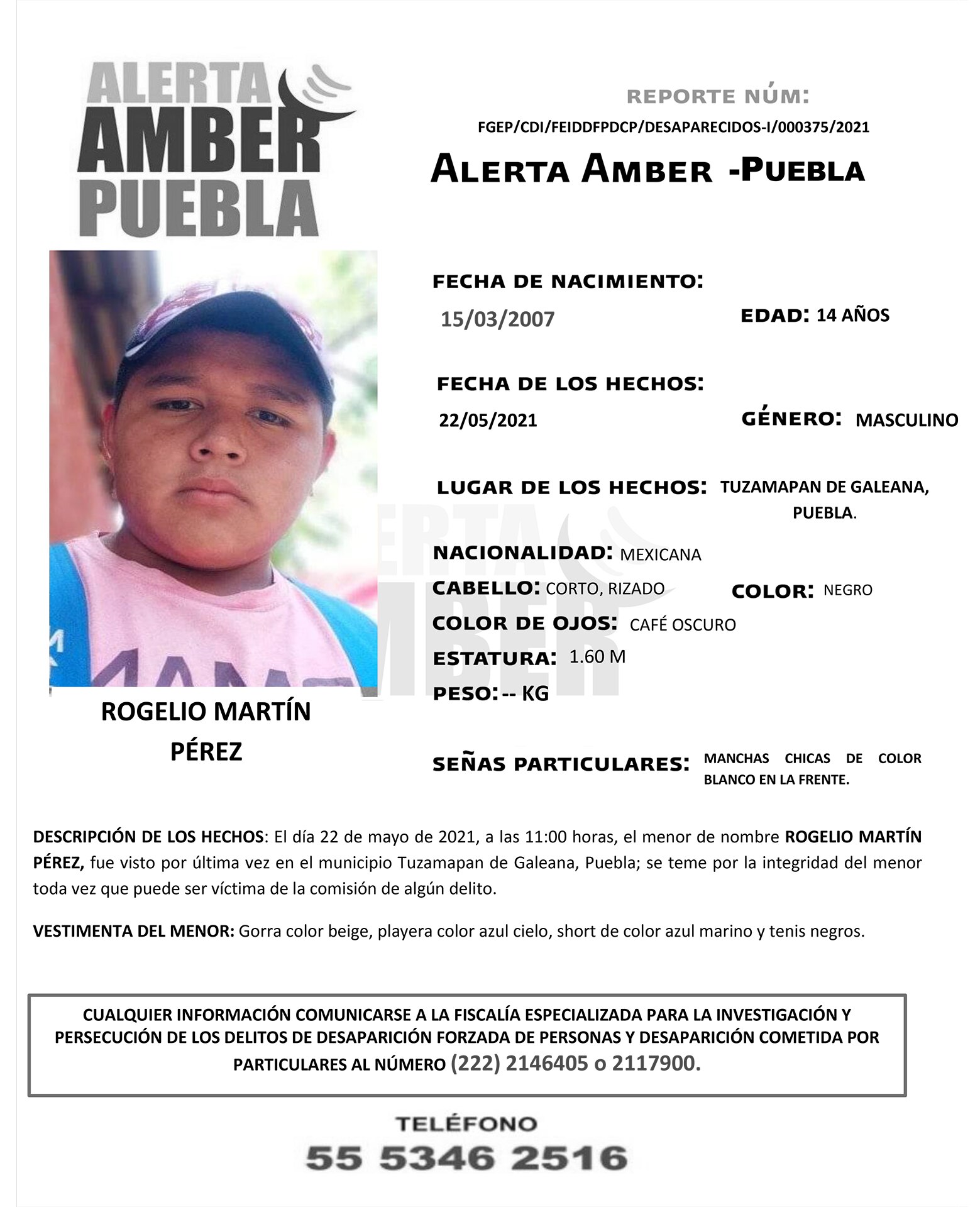 Alerta Amber Puebla. Piden apoyo para localizar a menor de 14 años