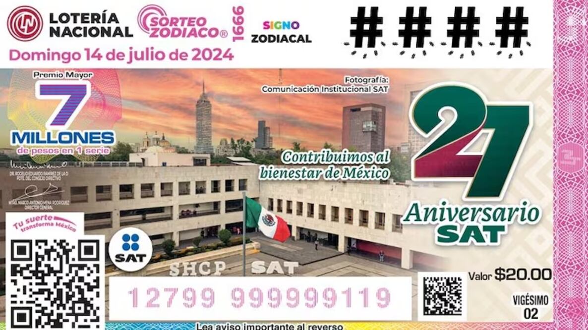 La Lotería Nacional dedicó su Sorteo Zodiaco No. 1666 en conmemoración del 27º Aniversario del Servicio de Administración Tributaria (SAT). 

Foto: Producción El Universal Puebla