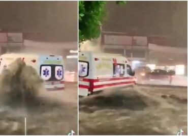 ¡Y se marchó! Por lluvia, intensa corriente de agua arrastra ambulancia en Tlalpan