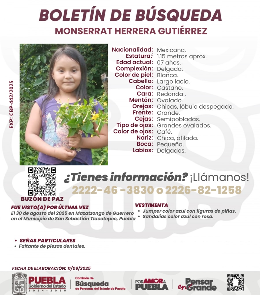 Comisión de Búsqueda mantiene operativo para localizar a Monserrat Herrera Gutiérrez | Foto: Gobierno del Estado.