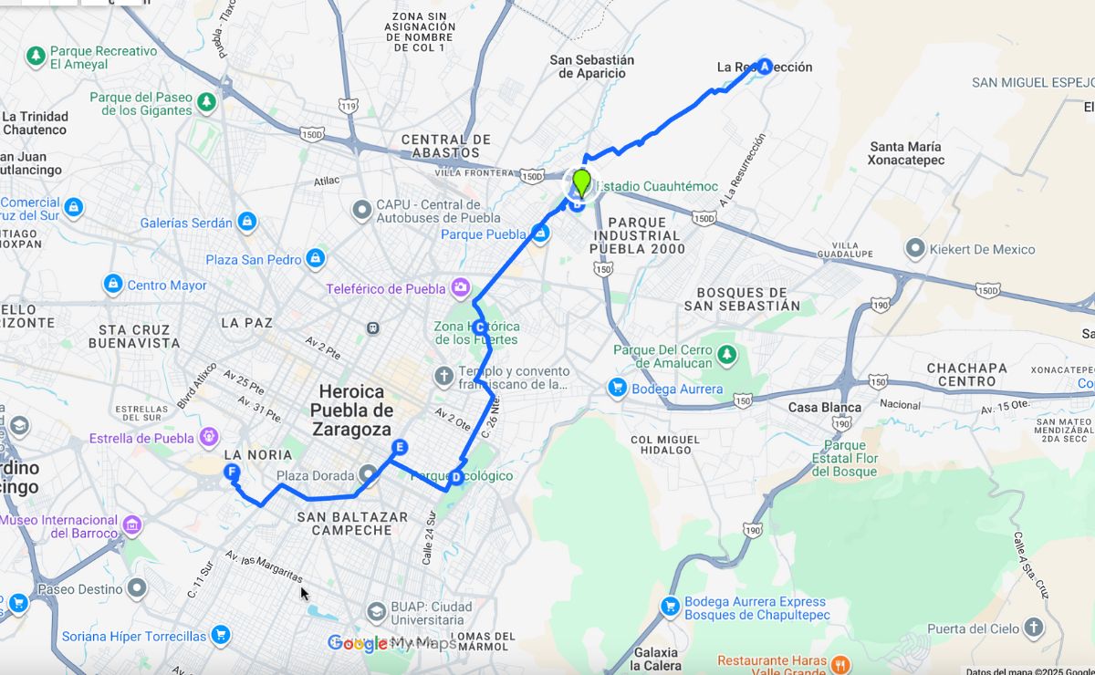 Fuente: Google Maps I Ruta del cablebús en Puebla