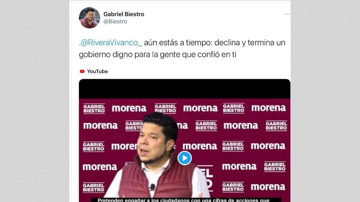 Gabriel Biestro pide a Claudia Rivera declinar a sus aspiraciones de reelegirse como presidenta municipal en Puebla