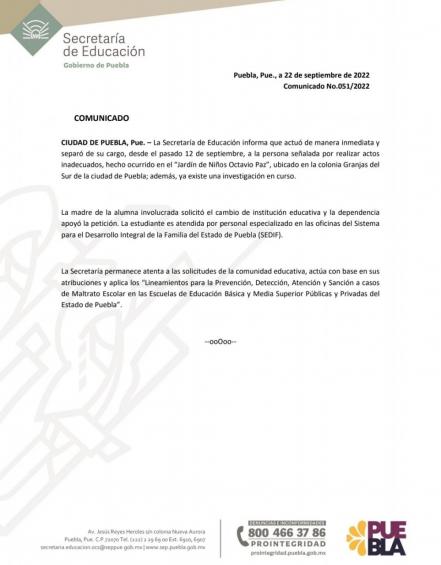 Por abuso sexual, SEP Puebla separa de su cargo a conserje de kínder Octavio Paz
