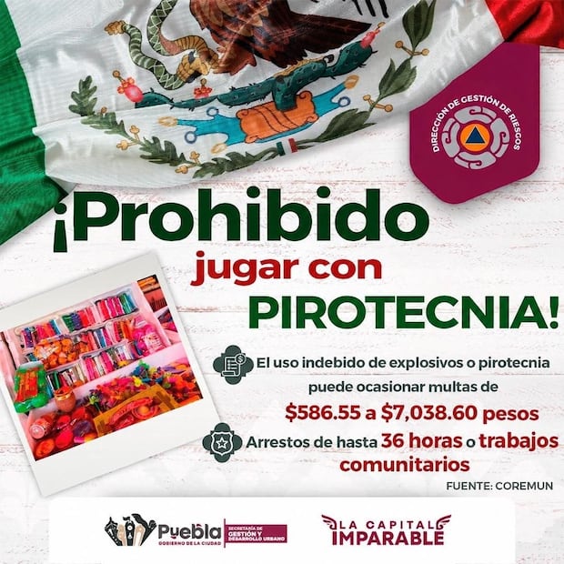 Si usas pirotecnia en las Fiestas Patrias te pueden arrestar, ¿de cuánto es la multa en Puebla? | Foto: Ayuntamiento de Puebla.