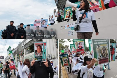 Madres buscadoras protestan en el Estadio Cuauhtémoc antes del partido España vs Perú