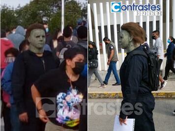 Halloween en agosto...acude Michael Myers por su vacuna en Puebla