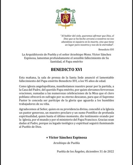 Arquidiócesis de Puebla lamenta muerte de Benedicto XVI