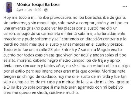 Alerta mujer en redes sociales intento de levantón en San Pedro Cholula