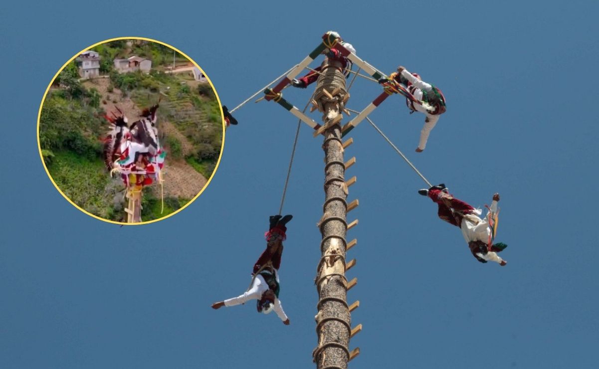 VIDEO Volador se salva de caer 20 metros durante la Feria de la Manzana en Coyomeapan