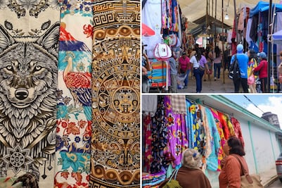 Tianguis cerca de Puebla con suéteres y colchas muy baratas