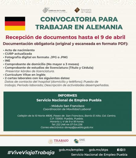 Servicio Nacional de Empleo Puebla publica vacantes para trabajar en Alemania