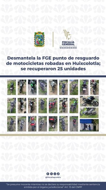 Desmantela FGE bodega de motocicletas robadas en Huixcolotla | Foto: FGE.