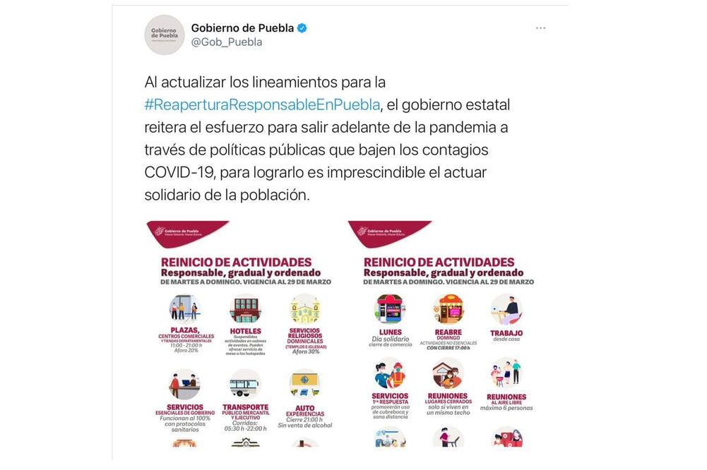 Presenta gobierno de Puebla nuevo Decreto para reducir contagios de Covid Imagen: Captura de Twitter