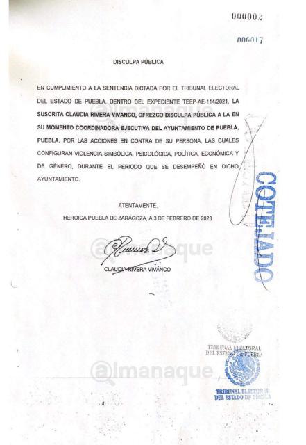 Claudia Rivera cumple y ofrece disculpa pública por violencia política de género