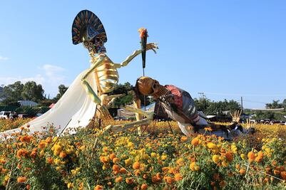 Sergio Salomón admira ofrendas y catrinas monumentales por Día de Muertos