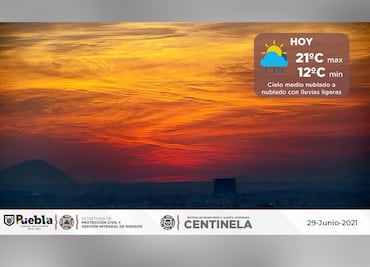 Pronóstico del clima para Puebla: cielo nublado con probable lluvia ligera