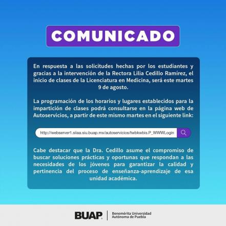 Confirma BUAP que las clases en la Facultad de Medicina inician este martes 9 de agosto