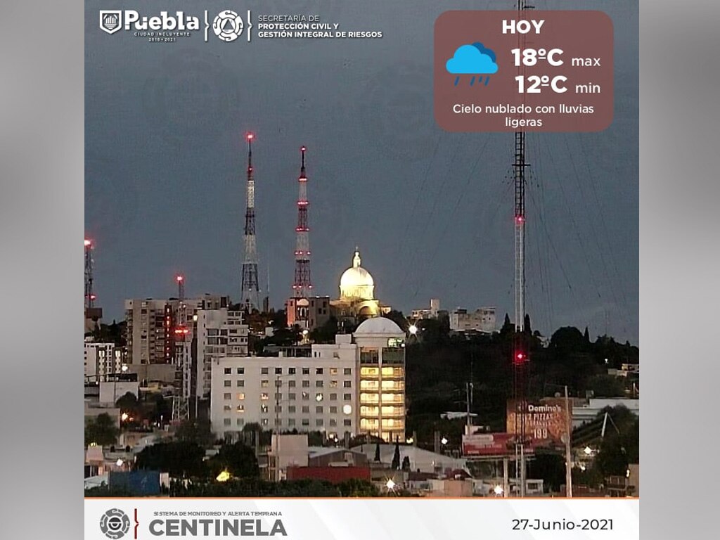 Pronóstico de clima para Puebla: lluvia ligera durante el día