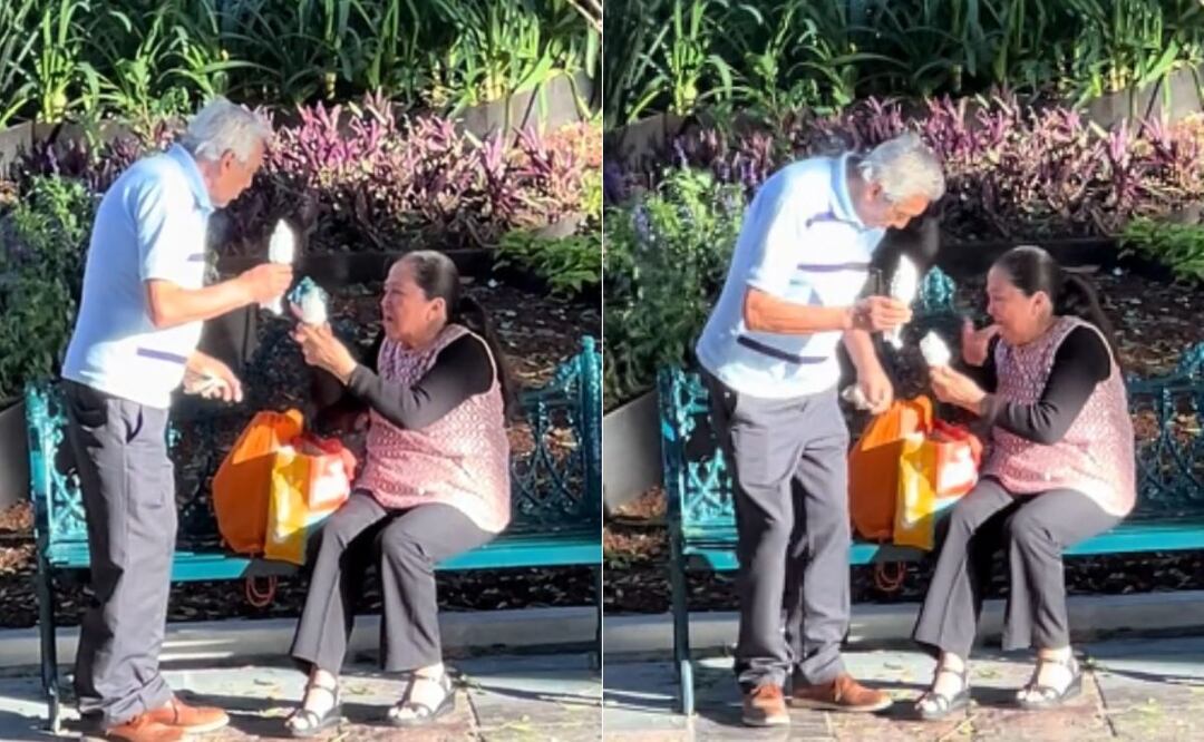 Adultos mayores en el zócalo de Puebla, consumen helado / Foto Captura Redes Sociales