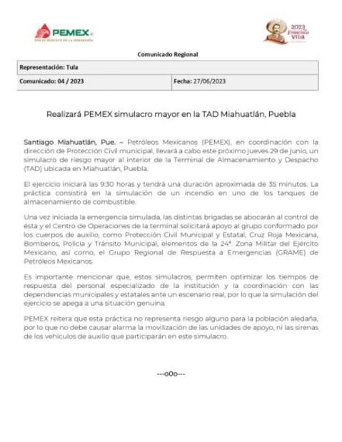 ¡No te espantes! Pemex anuncia simulacro mayor en Miahuatlán, Puebla