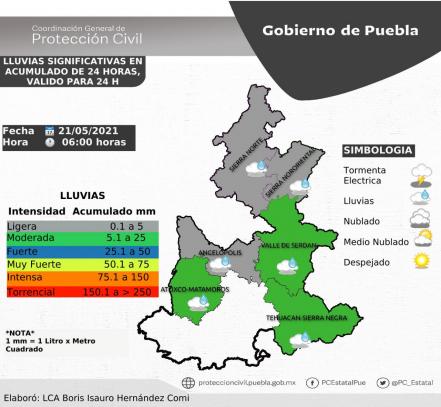 Pronóstico del clima para Puebla, 21 de mayo 2021  